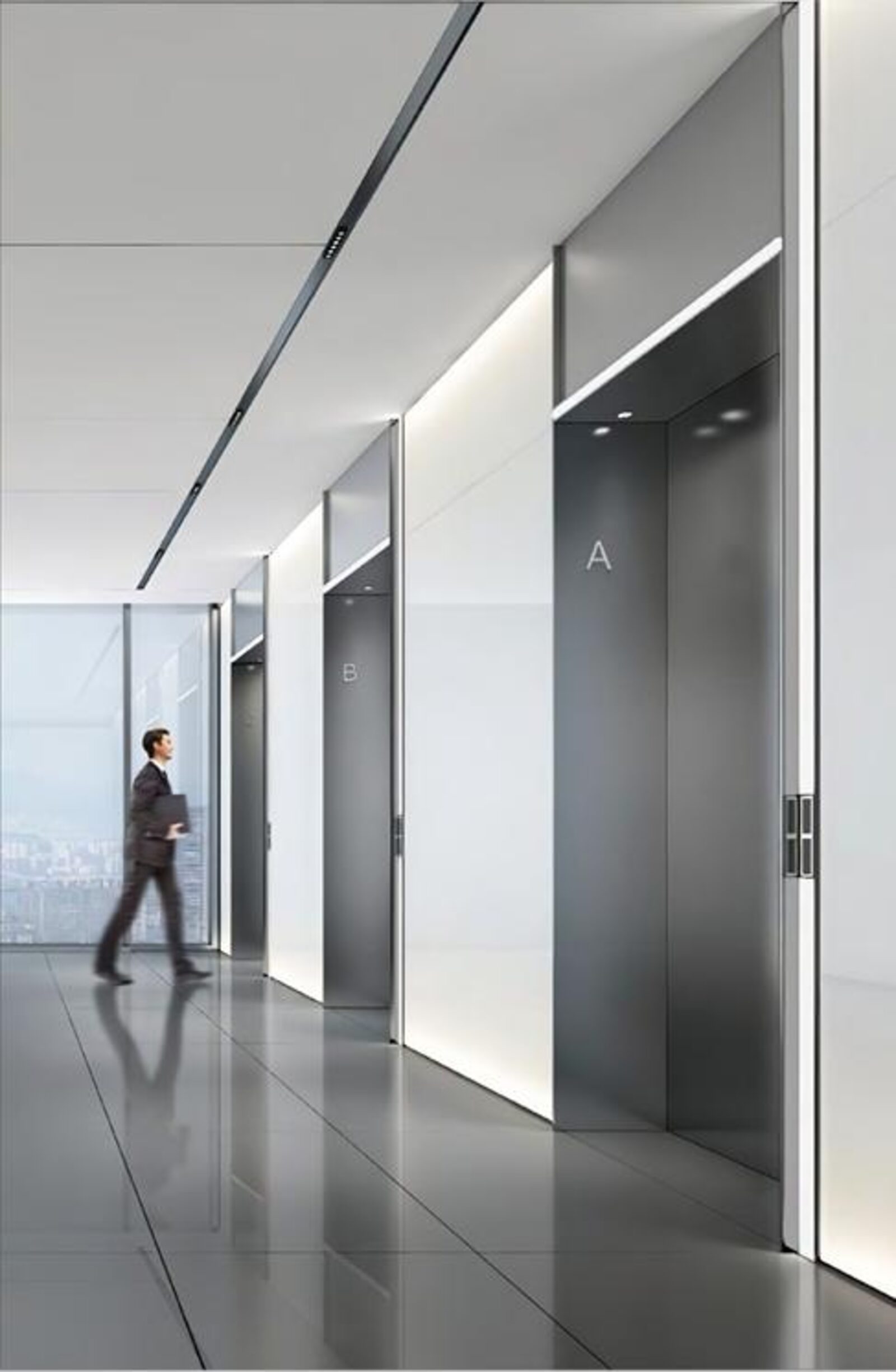 Lift landing in a modern commercial lobby