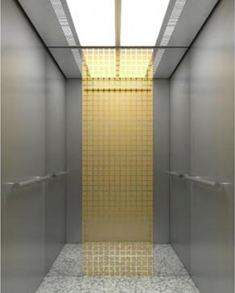 Passenger lift cabin with hairline stainless steel walls and titanium-gold rear panel