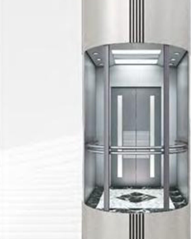 Round panoramic observation lift car with laminated glass and stainless steel shades